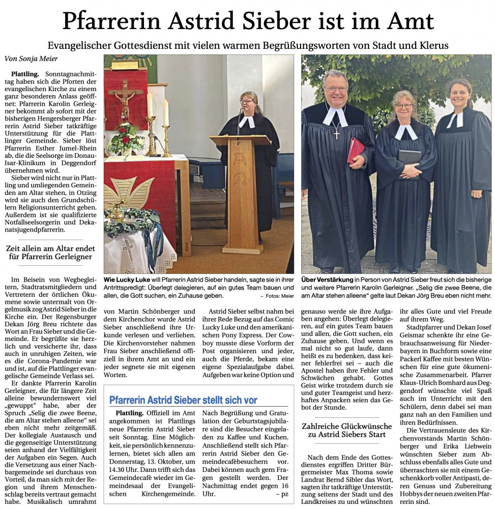 Plattlinger Zeitung Einführung Pfarrerin Astrid Sieber 